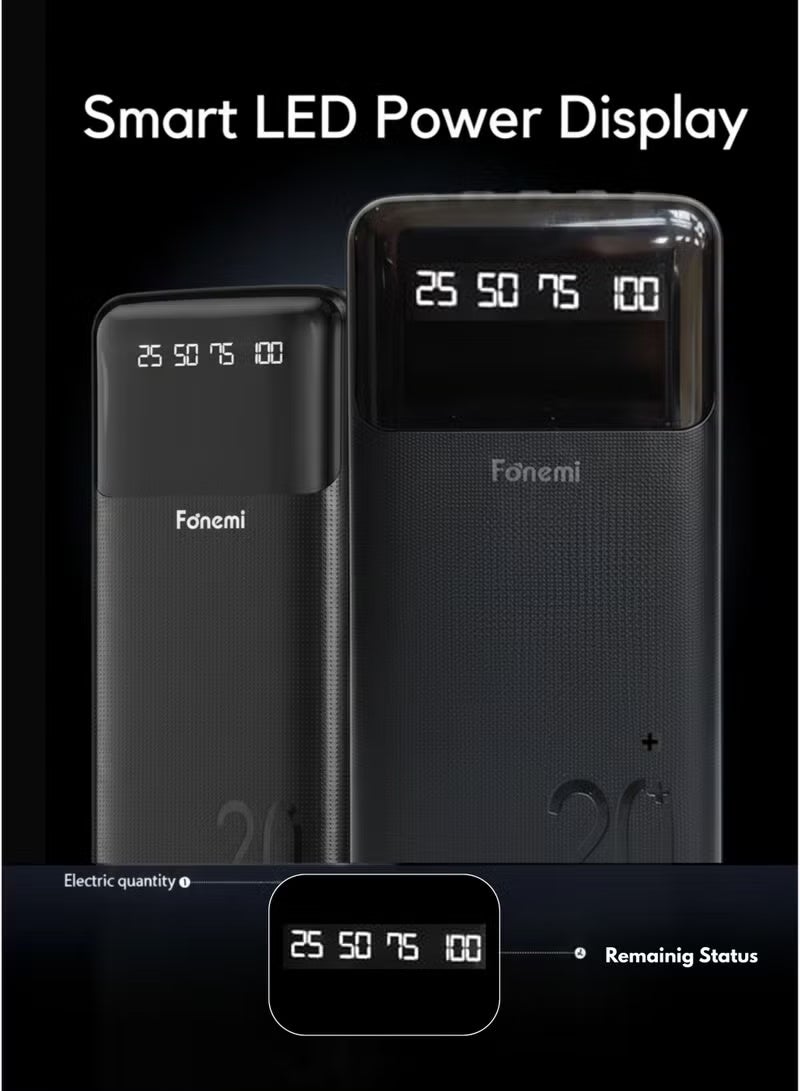 Fonemi 20000mAh Power Bank 22.5W Fast Charging with Built-in 4 Cables (Type-C, Lightning, Micro USB & USB), Digital LED Display, Mobile Stand, Smart Protection, Dual Input & Multi-Device Output – Black - Image 3